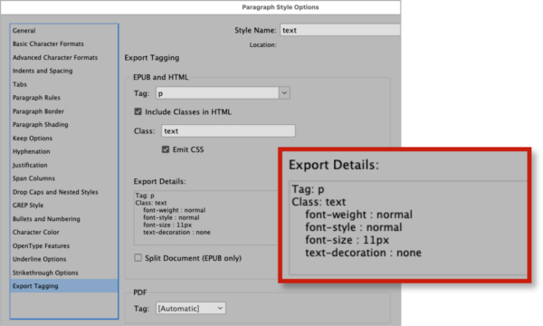 Paragraph Style Options dialog box shows Export Details enlarged and highlighted, with code for tag and class details.