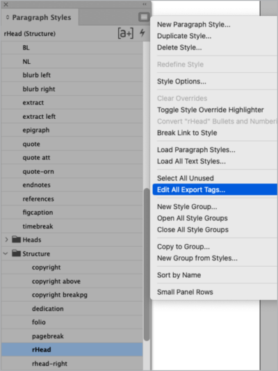 Paragraph Styles panel with style rHead selected. Panel menu active with Edit All Export Tags highlighted.