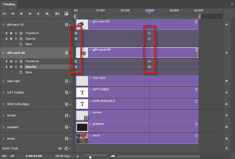 Figure 15. Adding keyframes for the Transform and Opacity properties of the gift card layers allows you to animate changes in those properties.