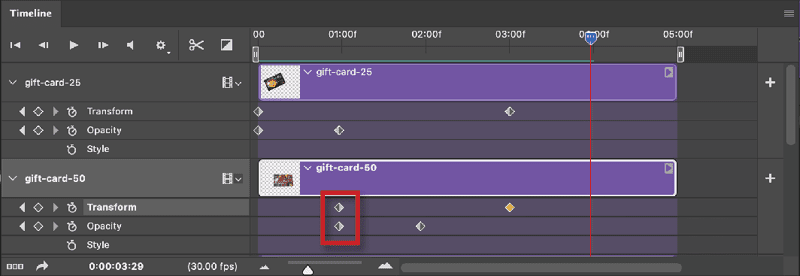 Figure 17. Moving the first two keyframes for the bottom gift card layer to the 1-second mark delays the start of those animations.
