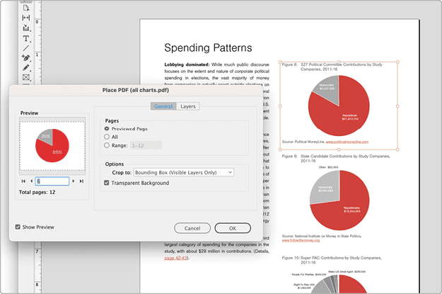 Figure 1. When placing a multipage PDF into InDesign, you can use More Options to select a page other than the first (or multiple pages). InDesign will update the link if you update the PDF.