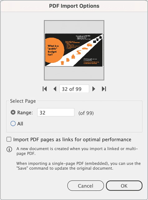 Figure 2. Select your desired page(s) when opening a PDF in Illustrator.