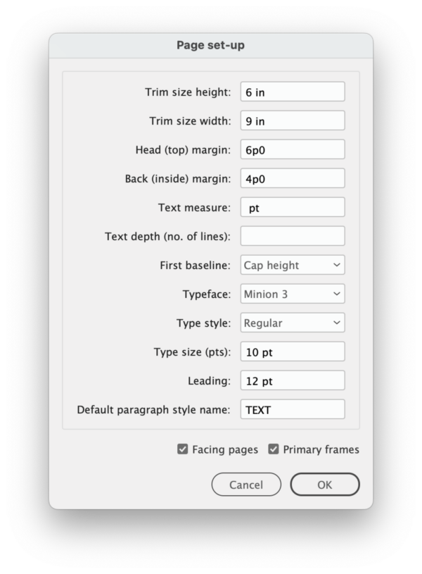 Dialog box for Page Set-up shows options for Trim size height, trim size width, head (top) margin, back (inside) margin, text measure, text depth (number of lines), First baseline option, typeface, type style, size, leading, default paragraph style name