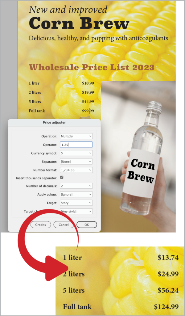 Sample price list document shows range of prices before and after. Dialog box for price adjuster shows fields for operation, operator, currency symbol, separator, number format, insert thousands separator, decimals, color,