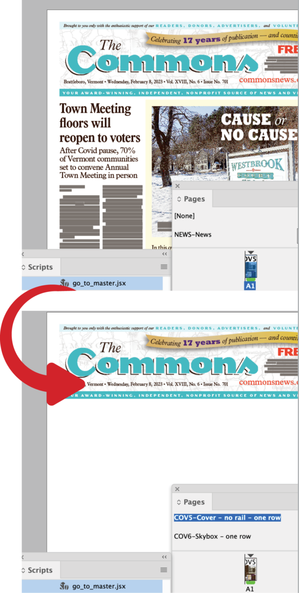 Top image shows front page of newspaper with arrow to image of parent page selected after invoking go_to_master.jsx