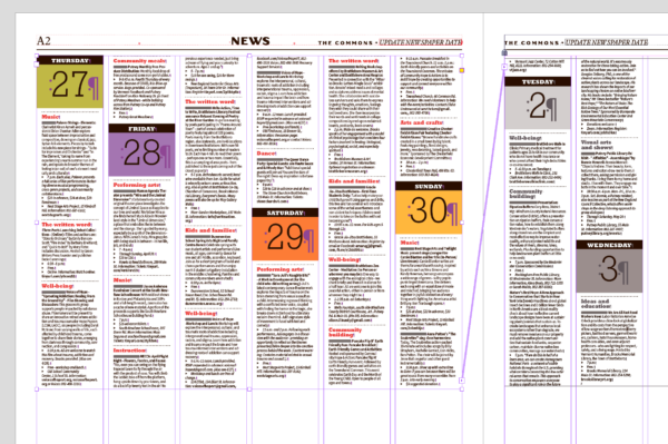 Colorful type on A2 is linked to frame on A3, a page previewing in gray