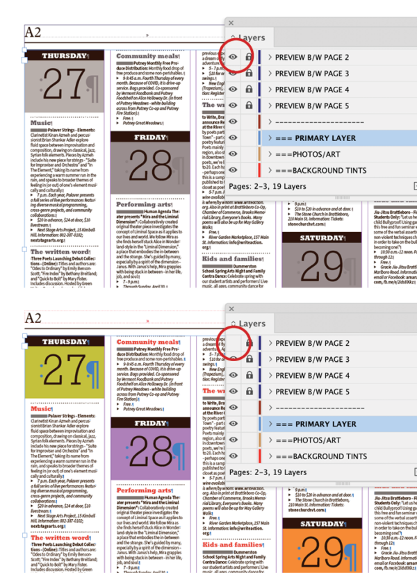 Top: visibility for layer PREVIEW B/W PAGE 2 is on, displaying color in gray tones. Below: Visibility is off, everything is in color.