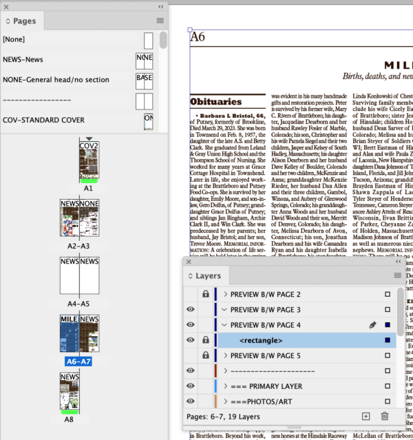 Page with grayscale preview, with pages panel (showing two new blank pages A4-A5) and Layers panel (showing current page, A6, is still using the Grey Enforcement Frame on the layer labeled PREVIEW B/W PAGE 4.