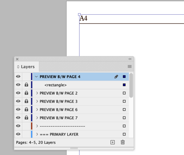 PREVIEW B/W PAGE 4 appears at top of Layers panel with rectangle (Gray Enforcement Frame) selected.