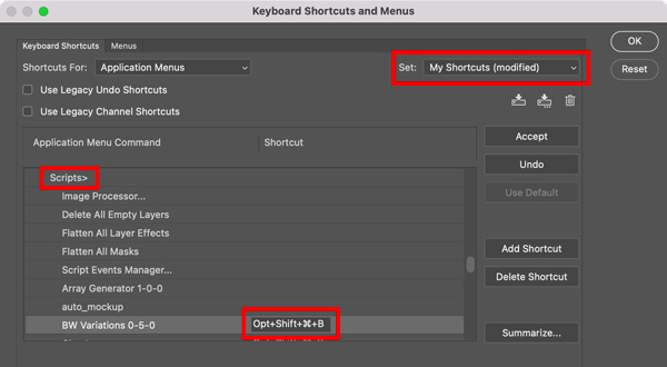 assigning a keyboard shortcut to a script in Adobe Photoshop 