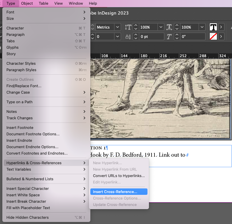 InDesign Hyperlinks and Cross-references menu