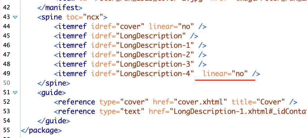 EPUB HTML file showing the <spine> element containing a non-linear item ref to a long description for an image