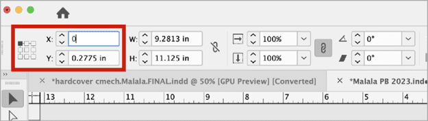 Figure 12. Use the Control panel to make front cover objects align with the right edge of the spine.