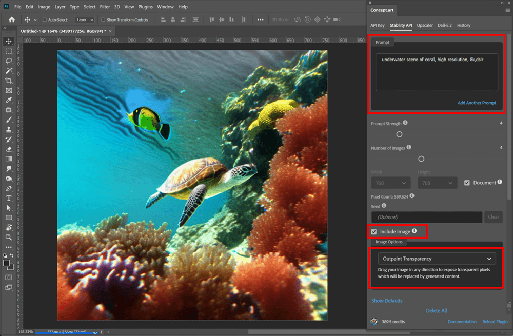 Figure 14. Outpainting requires you to change the prompt and choose Outpaint Transparency from the Image Options menu.