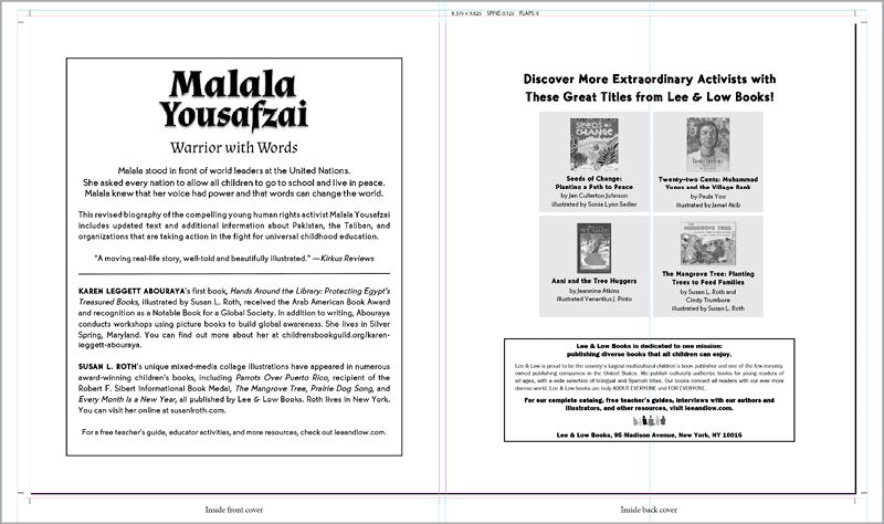 Figure 15. A common paperback inside cover layout. The inside front cover text is on the left side of the spine, the inside back cover art and text are on the right.