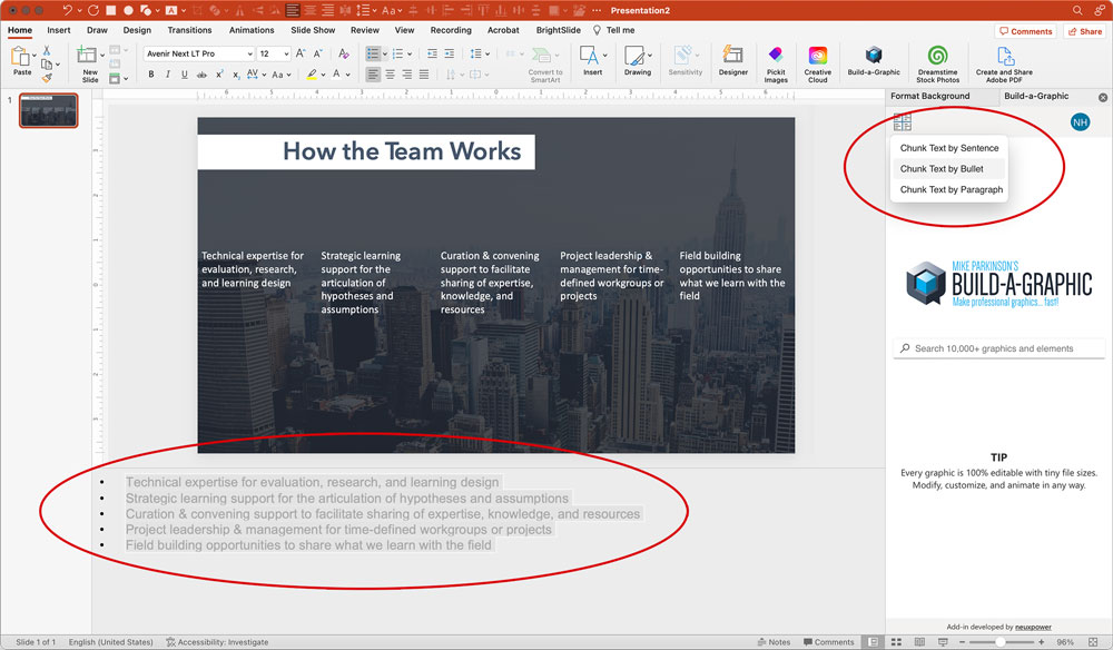 Figure 7. Use the “chunking” feature to separate your bullet points into individual text boxes. It even works on text in the speaker notes.