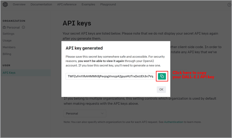 Figure 8. Copy the DALL-E 2 API key.