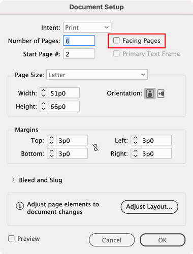 Facing Pages turned off in InDesign document setup