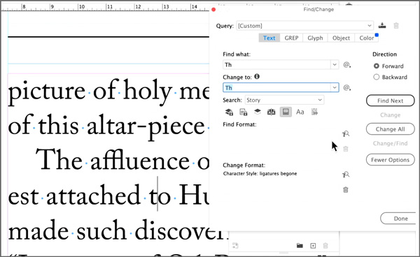 removing ligatures with a character style and Find/Change in InDesign
