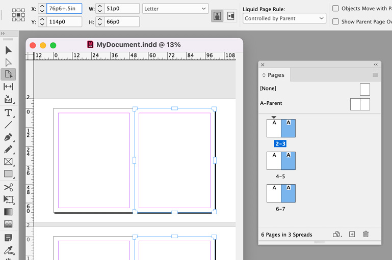 right-hand pages selected to move them in InDesign