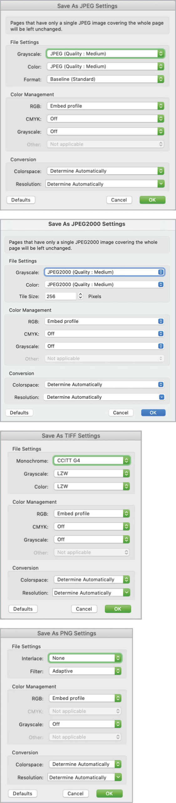 Figure 23. You can adjust output of images depending on file format: JPEG (A), JPEG2000 (B), TIFF (C), and PNG (D).