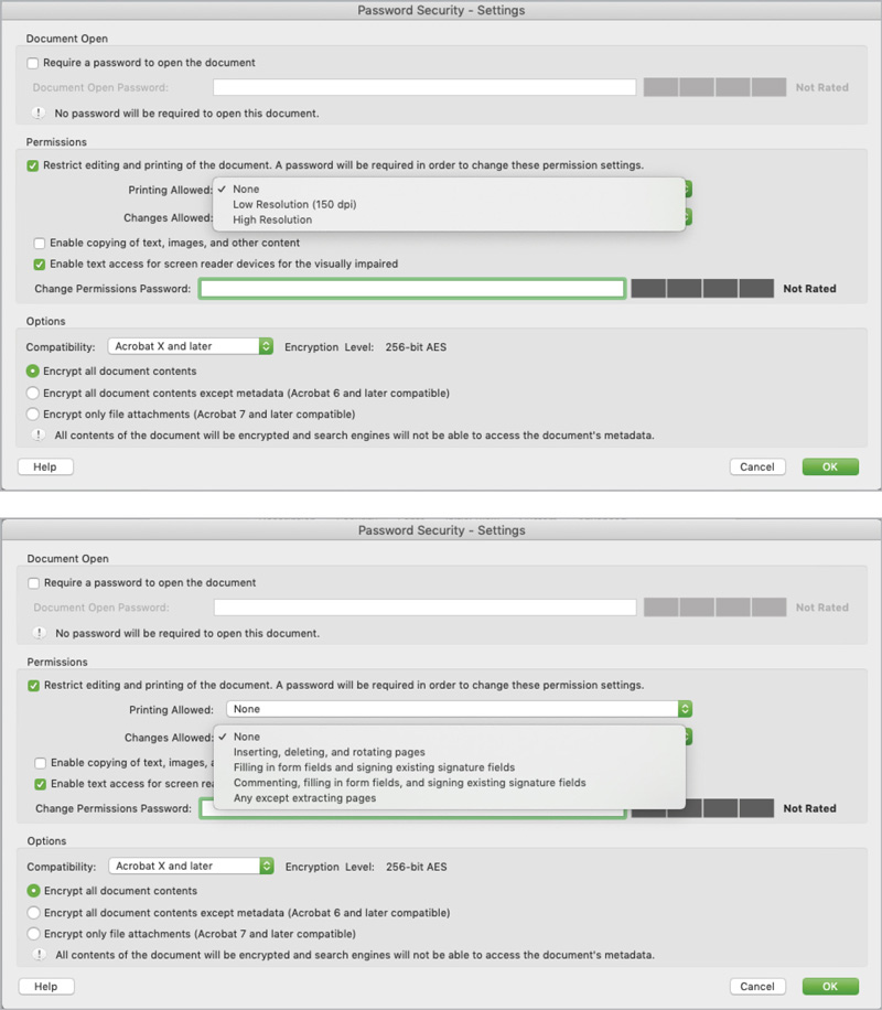 Figure 25. You can lock down whether and how a document may be printed (A) or changed (B).