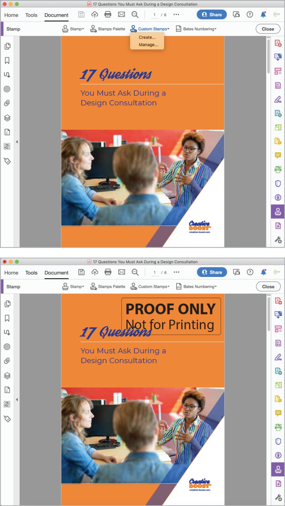 Figure 28. Use the Stamp tool (A) to create custom stamps to mark your PDFs so it’s always clear what their purpose or version is (B).
