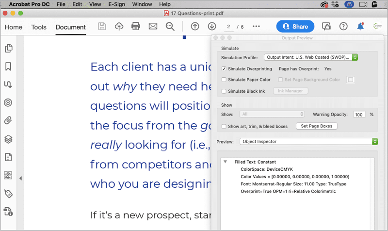 Figure 16. Object Inspector will show your process color build with accuracy to the 1/1000th of a percent.