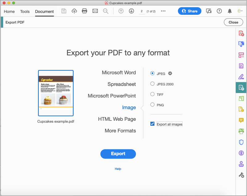 Figure 17. Export PDF gives you a variety of options for extracting digital assets from your PDF. Clicking Export All Images will save the images used in the document, not the individual pages of the document as images.