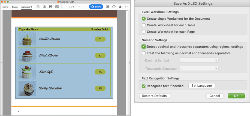 Figure 19. Select a table, in whole or in part (A) to export to an XLSX. As with any of Acrobat’s export options, you can adjust settings before you export (B).