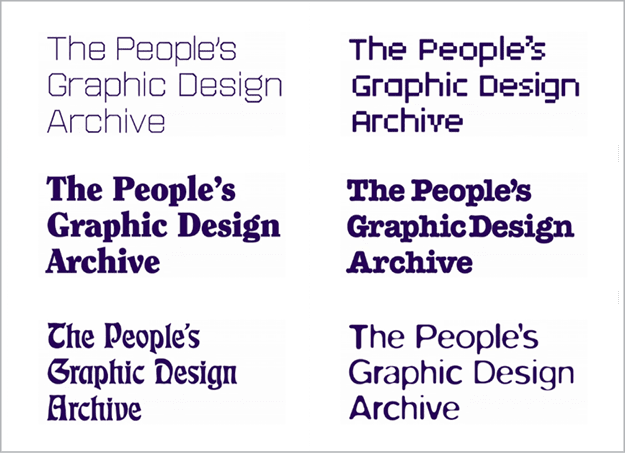 Figure 1. A selection of the many PGDA logos. On the website, the logo morphs from one design to the next every second, representing the diversity and flexibility of the Archive.