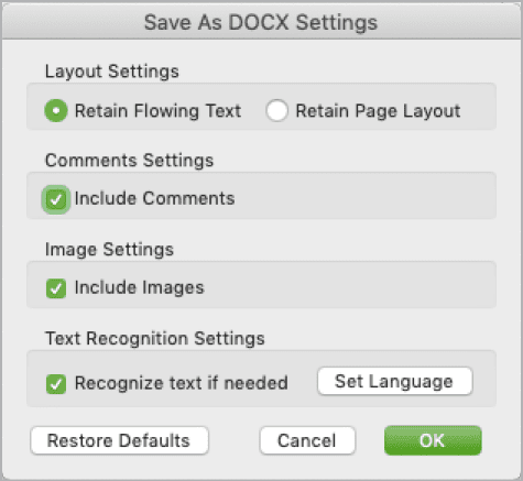 Figure 20. Peruse your options before exporting a document to Word.
