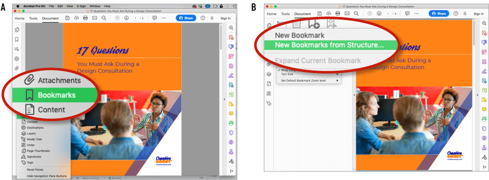 Figure 6. Steps to use the document’s structure to create bookmarks, which you can show by right-clicking the toolbar (A). By selecting New Bookmarks from Structure (B), you can access the Structure Elements dialog box (C) to create a group of bookmarks for your document (D).