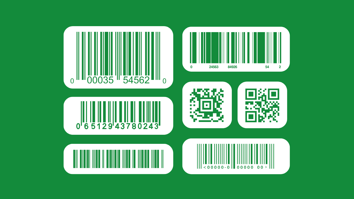 Examples of common barcodes including QR code, Aztec barcode, and EAN-13.