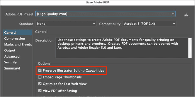 Figure 10. Reduce PDF file size by deselecting Preserve Illustrator Editing Capabilities.