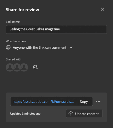 Figure 1. The Share for Review dialog box in InDesign enables you make a shared review private or public, add a password, invite others to the review, and copy a link to the review.