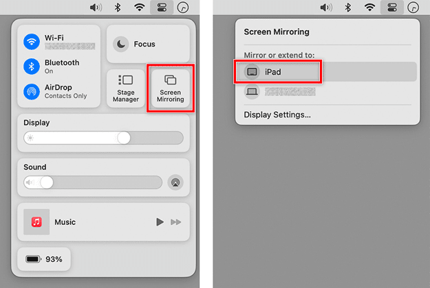 Figure 1. When listed in the Screen Mirroring section of Control Center, an iPad can be selected as a secondary display on a Mac.