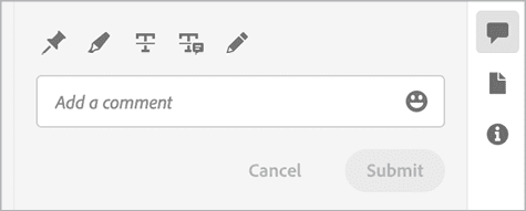 Figure 2. Share for Review provides five easy-to-use commenting tools for reviewers to review InDesign files: a pin to indicate a location on the page a comment refers to, a highlight text tool, a strikethrough text tool, a replace text tool, and a free-form pencil tool. Notably missing is an insert text tool.