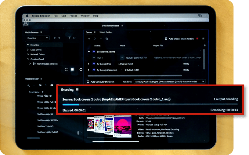Figure 3. An iPad using remote access software to display an Adobe Media Encoder render queue that’s on a computer in a different room