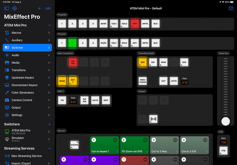 Figure 5. The MixEffect app remotely driving and running macros for an ATEM Mini Pro video switcher