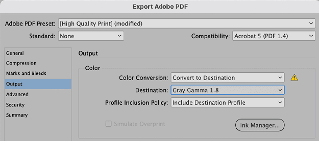 Figure 6. To export a PDF as grayscale, select one of the grayscale profiles in the Destination menu.