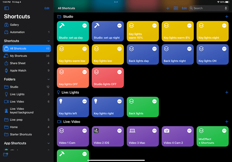 Figure 6. Custom Shortcuts I created to instantly configure lights, cameras, and video switcher to specific settings from a single iPad screen
