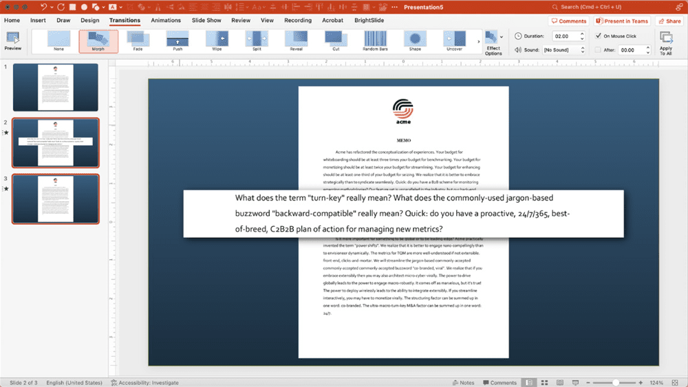Figure 7. Use the Morph transition in PowerPoint to zoom in on a portion of a document.