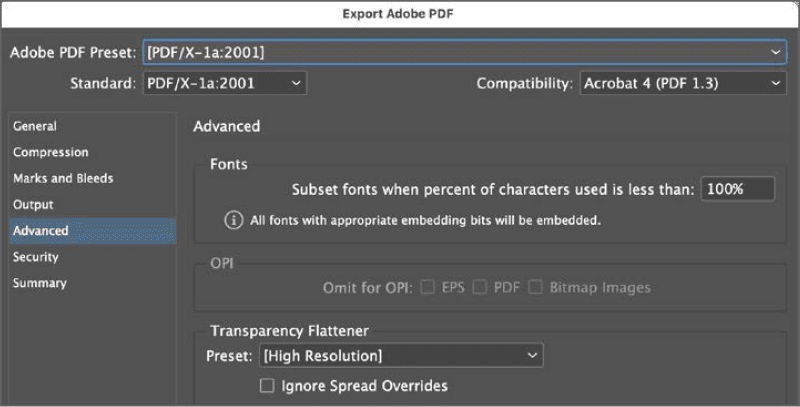 Figure 8. Flattener settings when exporting a PDF from InDesign