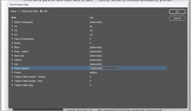 Figure 10. You can use the Edit All Export Tags dialog box to specify how InDesign should map your paragraph styles to tags.