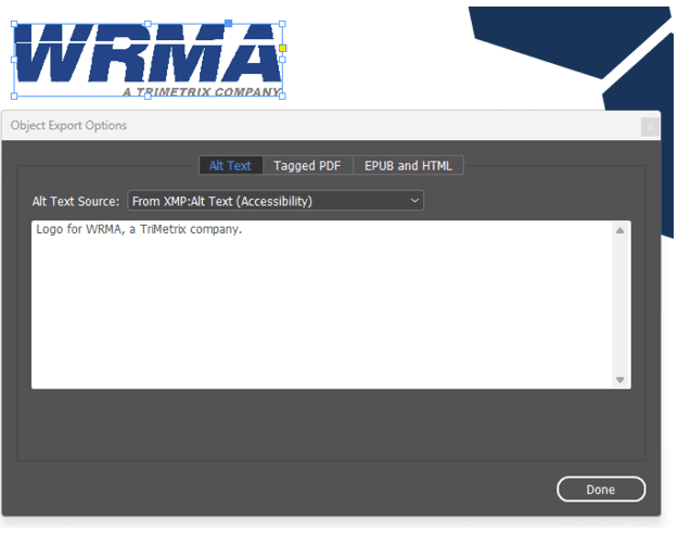 Figure 12. Use the Object Export Options panel to map your alt text source to the metadata you entered in Adobe Bridge. The metadata gets pulled into InDesign and will export as the alt text in Adobe Acrobat.