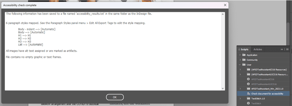Figure 16. Use Keith Gilbert’s Accessibility Check Complete script to perform a set of initial accessibility checks from within InDesign.