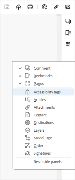 Figure 17. Use the Navigation pane on the right side of the new Acrobat experience to find the accessibility tags.