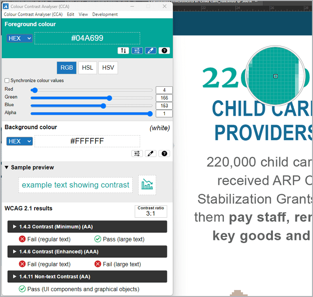 Figure 2. The Colour Contrast Analyser allows you to sample any colors on screen to test for color contrast ratio requirements. It lets you know whether your foreground and background colors have enough contrast to pass muster.
