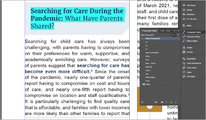 Figure 8. Highlight manually formatted text in your document by clicking the [a+] icon in the Paragraph Style or Character Style panels. The headline starting with “Searching for Care ...” is highlighted, indicating a paragraph style needs to be applied. Select the manually formatted text and click the + button in the Paragraph Styles panel to create and apply a new style. 